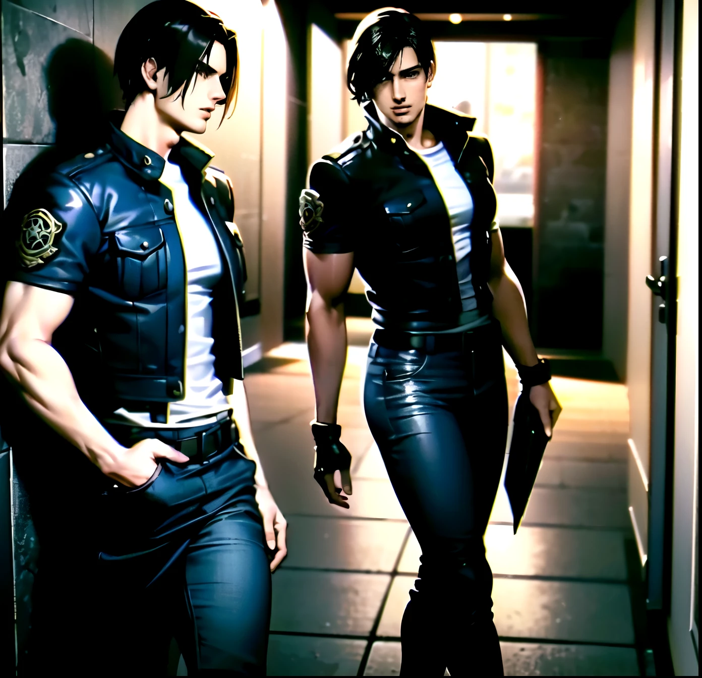 (Highly detailed CG), ( best quality), (Highly detailed CG), ( best quality), (Leon S. Kennedy), (Overall view) SWAT Clothing, Beautiful and attractive young man, Lean and muscular