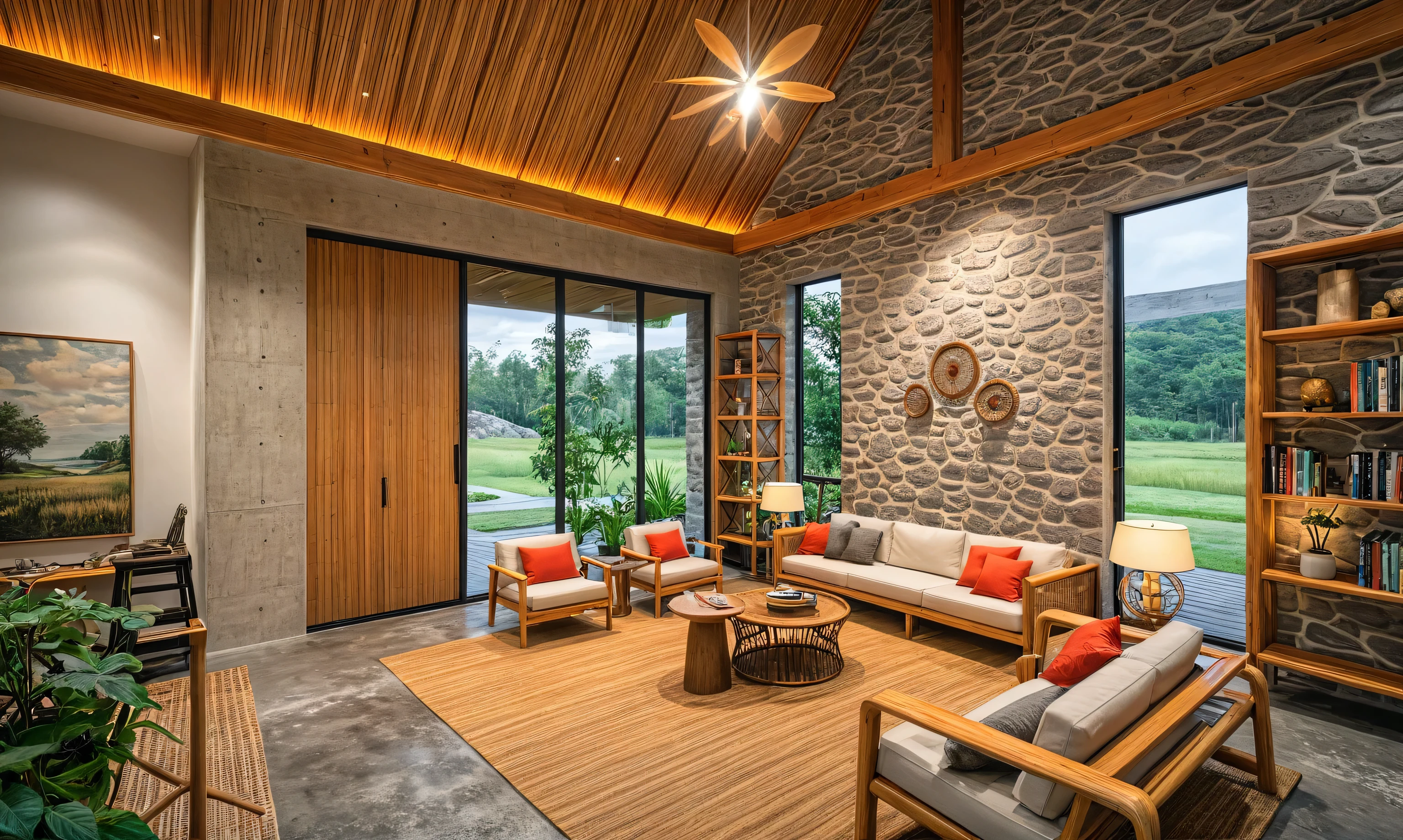 Warm interior space, Nordic style, natural wood materials, concrete floors,concrete effect walls, red earth, sedge ceiling, Soothing and comfortable scenery, Warm home background, comfortable environment, cozy atmosphere, Comfortable atmosphere, Warm interior, comfortable and calm, Country Style,
,rattan ceiling, Bamboo ceiling