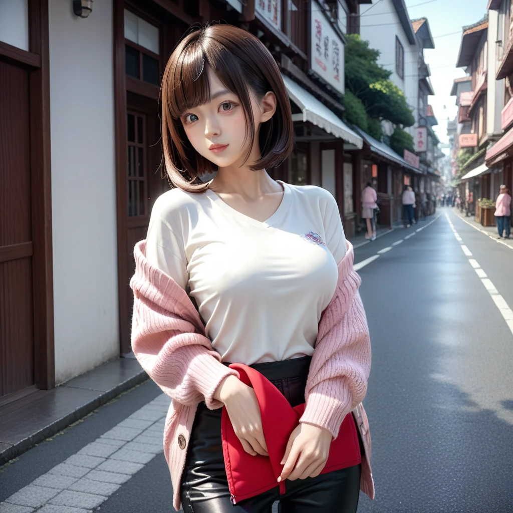 jpn-girl, medium hair, brown hair, bob hair, side locks, bangs, tsurime, amile, detailed skin, large breasts, t-shirt, white t-shirt, cardigan, pink cardigan, knit cardigan, long pants, tight pants, black pants, clear skin, town, road, best quality, high quality, ultra-detailed, high resolution, best quality, detailed shading, detailed background, super detailed, detailed skin, solo