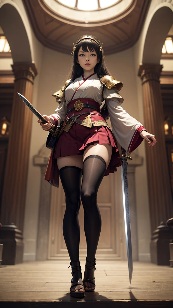 Japanese anime style. woman. middle ages. Europe. fantasy. skirt. sword. Are standing. Whole body. from below.  