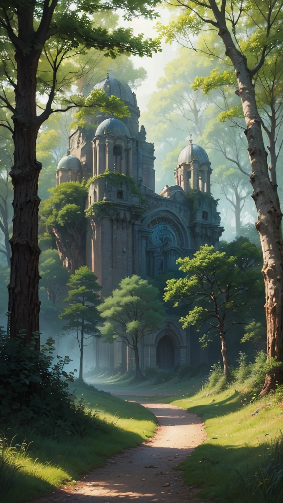 ralph-mcquarrie style, greek architecture done in a sci-fi style on a beautiful forest and meadow scene with tall buildings and open green spaces, oil painting, beautiful, highly detailed