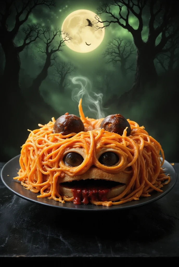 hlf food decoration style of spaghetti monster poster featuring orange-colored cheese spaghetti on a plate with 2 meat ball for eyes. 1 bread loaf is cut on the inside to make it look like a maw with marinara sauce  "blood" leaking out of it.  Served on black plates. simple black table. Halloween night background.