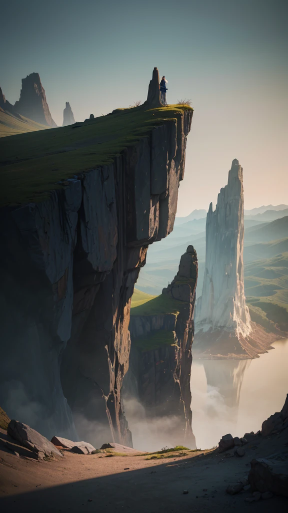 A photography that captures the essence of a magical dream - like world. An epic and legendary cliff that overhangs a beautiful lake, with surreal and vibrant colors illuminating its reflection. The atmosphere is otherworldly, with soft evening light casting ethereal shadows. The image creates a sense of depth and mystery, as if the viewer is being transported to another dimension, creating a beautiful and haunting composition. Shot with a Canon EosIII Zeiss 120mm wide