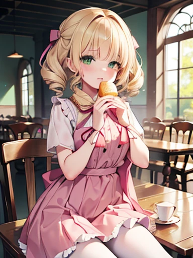 masterpiece, Best Quality,  very detailed , 16k,   super high resolution  ,  cowboy shot , One Girl, Detailed face, Perfect fingers, blonde, ヘアribbon, ribbon, Drill Hair, green eyes,  short hair,  Pink Dress , white bloomer ,  white pantyhose, Hinaichigo,  SEAWEST-STYLE ARCHITECTURE, table,  sit on a chair, Eat cake