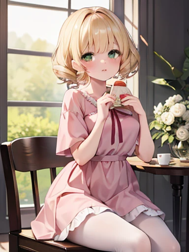 masterpiece, Best Quality,  very detailed , 16k,   super high resolution  ,  cowboy shot , One Girl, Detailed face, Perfect fingers, blonde, ヘアribbon, ribbon, Drill Hair, green eyes,  short hair,  Pink Dress , white bloomer ,  white pantyhose, Hinaichigo,  SEAWEST-STYLE ARCHITECTURE, table,  sit on a chair, Eat cake