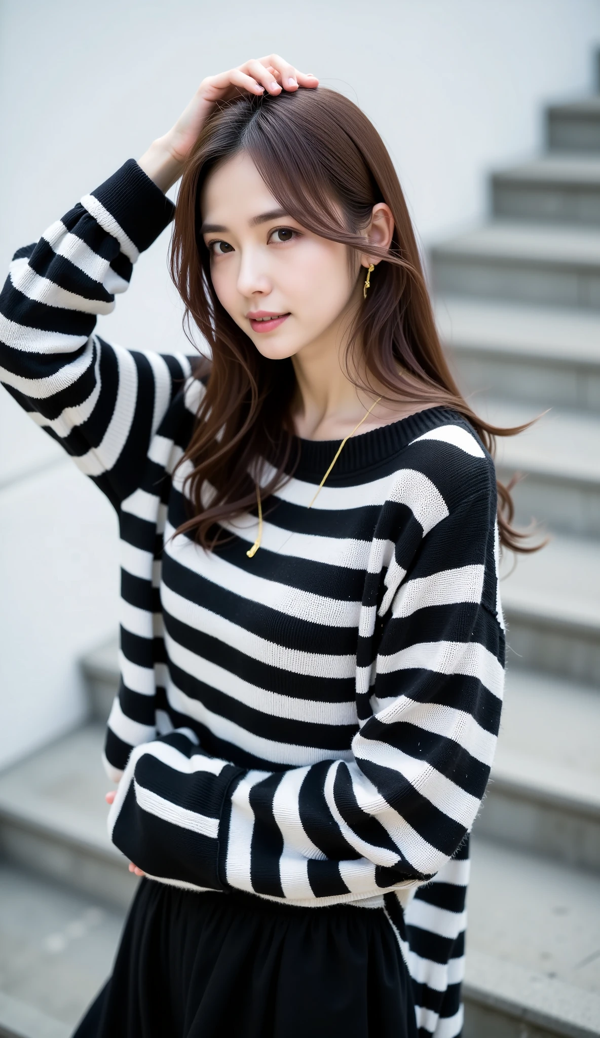 The image is a portrait of a young slener asian woman with long brown hair,flowing in the wind and bangs. She is standing in front of a white wall with concrete steps. The woman is wearing a black and white striped oversized sweater and a black skirt. Her left arm is raised above her head, with her right hand resting on her hip. She has a gold necklace around her neck and is looking directly at the camera with a serious expression. The lighting is soft and natural.