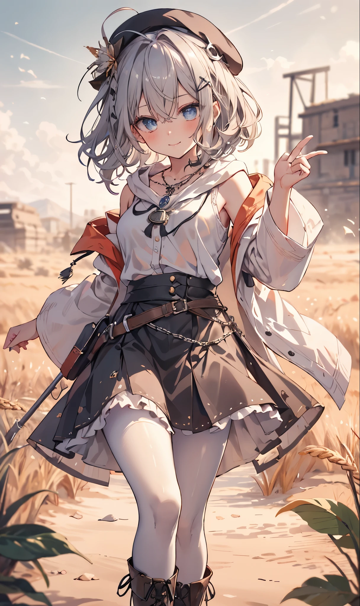 masterpiece, 1 girl, sparrow, a silver haired girl, wearing a medieval priestess clothes, very short hair, messy hair, slim body, he close her left eye, shirt ornament, ruby eyes, ahoge, baby face, long sleeves, beautiful eyes, droopy eyes, her age is 19, nagisa_bluearchive, seductive face, medium hair, seductive smile, curly hair, wheatfield, MongolPunkAI, medium breasts, view from right down, she tease you, lend a hand to you, she very close to you, smug smile, rainbow_one, pristess clothes, black flared skirt, crocth tattoo, necklace, erotic smile, white clothes, white shirt with hood, boots, black beret, white pantyhose, black skirt, sleeveless, nude