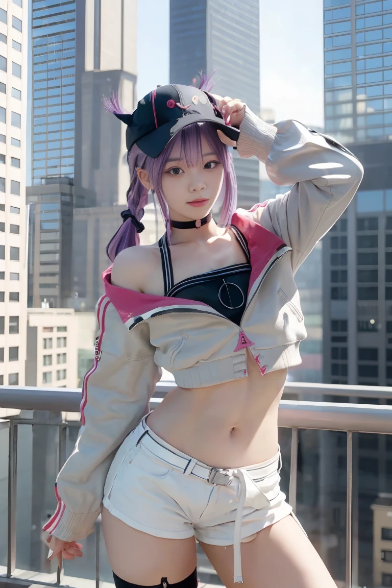 (((nsfw,best quality,4k))),1girl,arm up,big breasts,show off nipples,jacket over naked,white cropped jacket,black shorts,white belt,fishnet thighhighs,black high tops,black baseball cap,choker,bare shoulder,purple hair,long hair,hairclip,twintails,hair between eyes,city