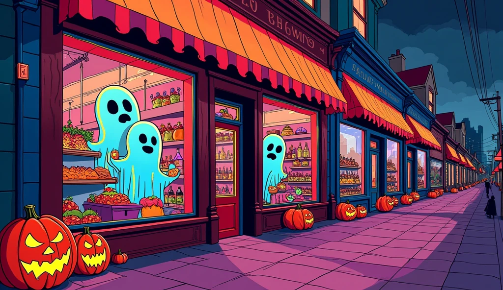 In a pop art style, with a close-up, a row of colorful storefronts on the street are filled with Halloween treats and costumes. Ghosts with neon outlines peer through the windows, and pumpkins are painted in bold, graphic patterns