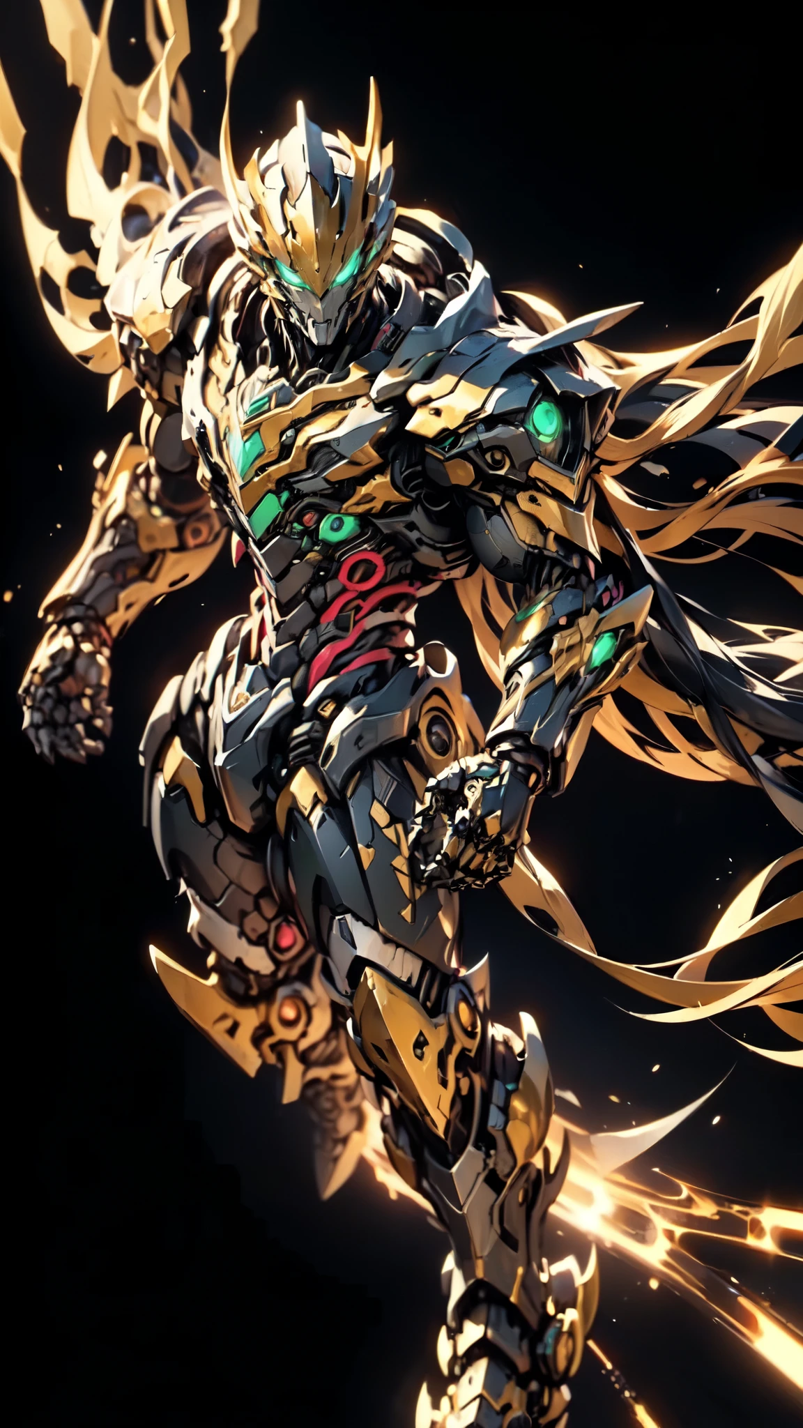(masterpiece:1.5, best quality:1.5, extremely delicate:1.5, dynamic angle:1.5), ((male:1.5)), Biomimetic humanoid Mecha, green eyes, fully enclosed shoulder guards, matching arm and leg guards, gemstone, full body, full armor, the design balances heavy with agility, organic biotech armor, (the color scheme is primarily Golden and Black with Red and Green accents, concept Inspired by Vampire, glowing eyes, the armor glows), standing, floating high above the futuristic sci-fi city, a finely crafted Super robot in anime style, exquisite and mature art style, metallic, dramatic, high definition, highres, ultra-detailed, ultra-fine painting, professional, anatomically correct, symmetrical face, extremely detailed eyes and face, high quality eyes, creativity, RAW photo, UHD, 32k, Natural light, cinematic lighting, (masterpiece-anatomy-perfect:1.2)