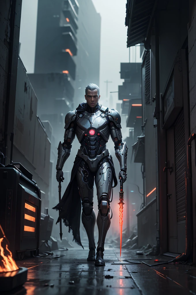 a dark cyberpunk fantasy scene, 1 man standing with a mechanical halberd weapon, white horse, red cybernetic glowing details, ultra detailed, 8k, photorealistic, intricate mechanical marvels, cyborg existence, beauty, cinematic lighting, dramatic atmosphere