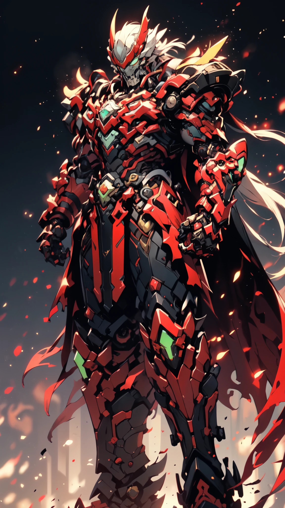 (masterpiece:1.5, best quality:1.5, extremely delicate:1.5, dynamic angle:1.5), ((male:1.5)), Biomimetic humanoid Mecha, green eyes, fully enclosed shoulder guards, matching arm and leg guards, gemstone, full body, full armor, the design balances heavy with agility, organic biotech armor, (the color scheme is primarily Golden and Black with Red and Green accents, concept Inspired by Vampire, glowing eyes, the armor glows), standing, floating high above the futuristic sci-fi city, a finely crafted Super robot in anime style, exquisite and mature art style, metallic, dramatic, high definition, highres, ultra-detailed, ultra-fine painting, professional, anatomically correct, symmetrical face, extremely detailed eyes and face, high quality eyes, creativity, RAW photo, UHD, 32k, Natural light, cinematic lighting, (masterpiece-anatomy-perfect:1.2)