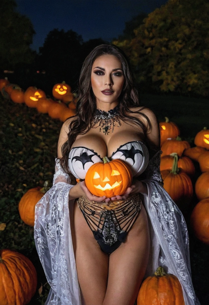 busty woman, her chest covered by pumpkins, wearing Halloween costume, night park,  moon night