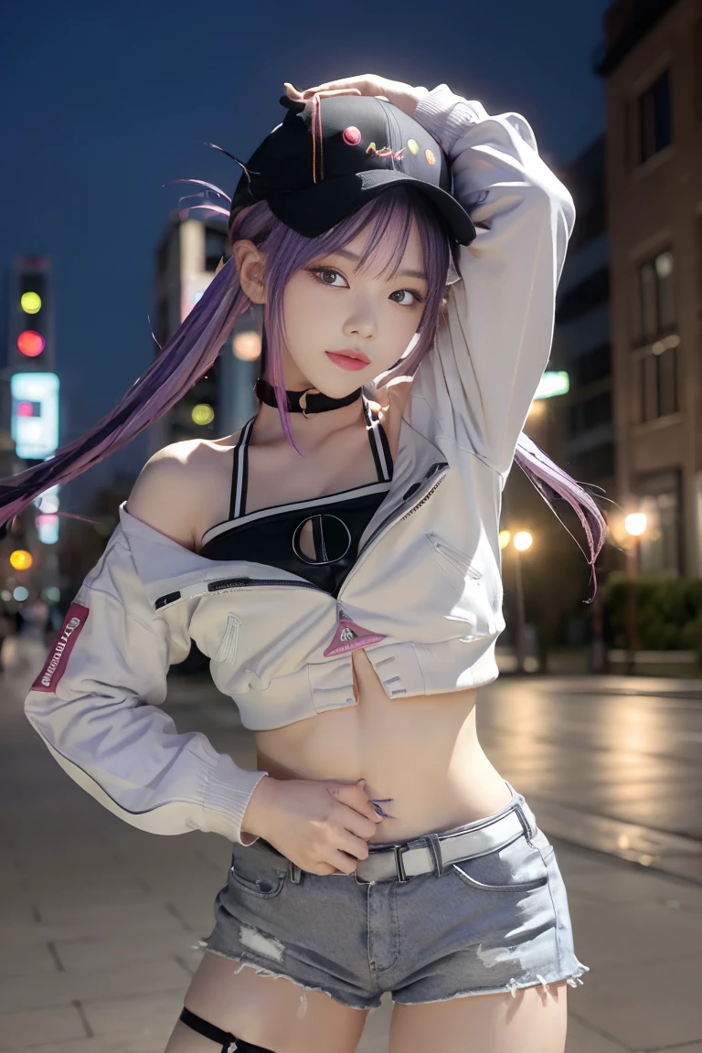 (((nsfw))),(((best quality,4k))),1girl,arm up,big breasts,(((show off nipple))),jacket over naked,white cropped jacket,black shorts,white belt,fishnet thighhighs,black high tops,black baseball cap,choker,bare shoulder,purple hair,long hair,hairclip,twintails,hair between eyes,street,night