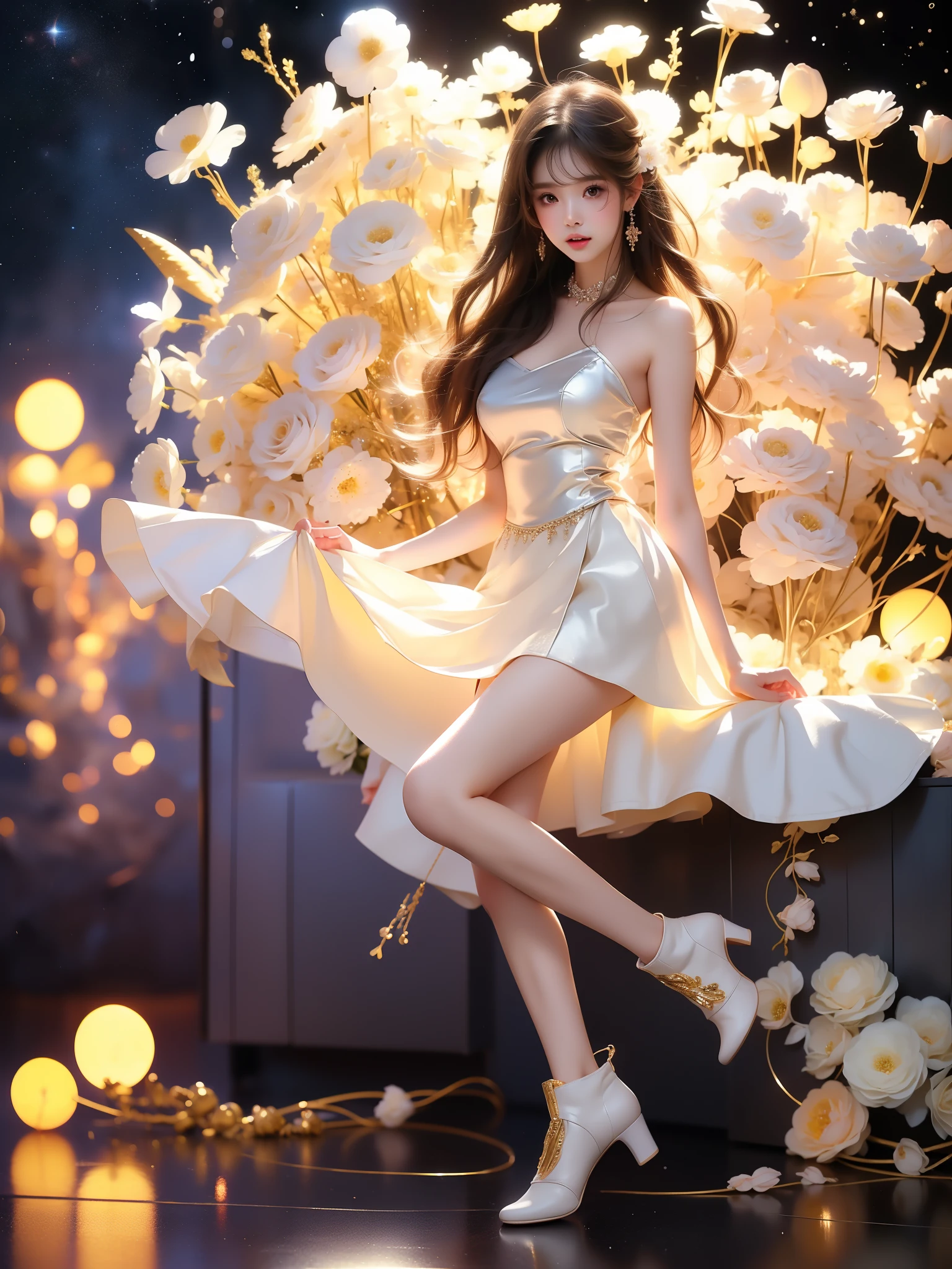 liliai,white shoes,, ((full body)), (Asian beauty: 1.3), girl, solo, (toned body: 1.2), (naturally large breasts: 1.1), (visible cleavage: 0.8), (smooth flawless skin: 1.2), (perfect anatomical proportions: 1.3), (anatomically correct legs: 1.3), (elegantly long legs: 1.3), 1.1) Hands gently lift the skirt, (detailed features: 1.2), (big bright eyes: 1.1), (long eyelashes: 1.1), charming smile, gentle and confident expression, Head slightly tilted, long flowing hair, (night scene: 1.1), (starry sky: 1.0), (space background: 0.9), (professional soft light: 1.2), (warm tone: 1.1), (Masterpiece: 1.4), (Super Detail: 1.3), (Sharp focus: 1.2), (Realistic: 1.2), (Hi-Fi: 1.1)