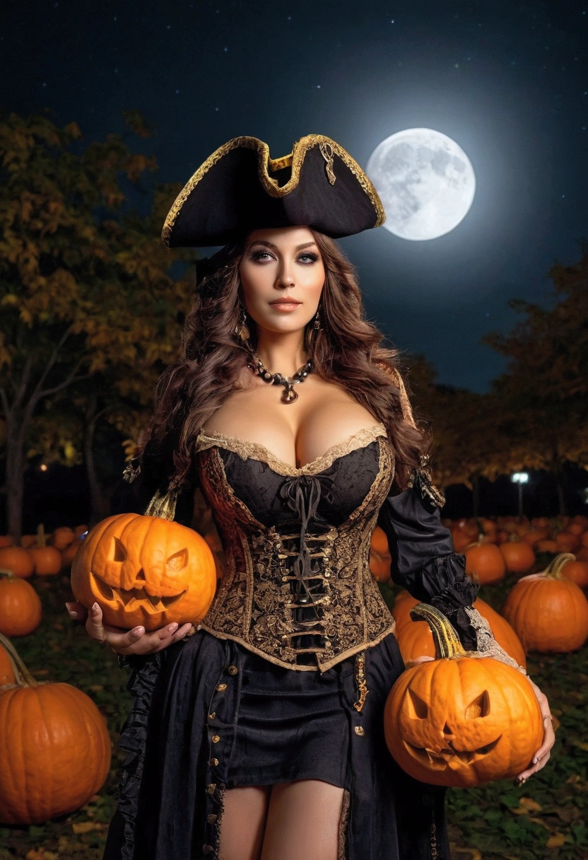 busty woman, her chest covered by pumpkins, wearing red pirate costume, night crowded street, moon nigh