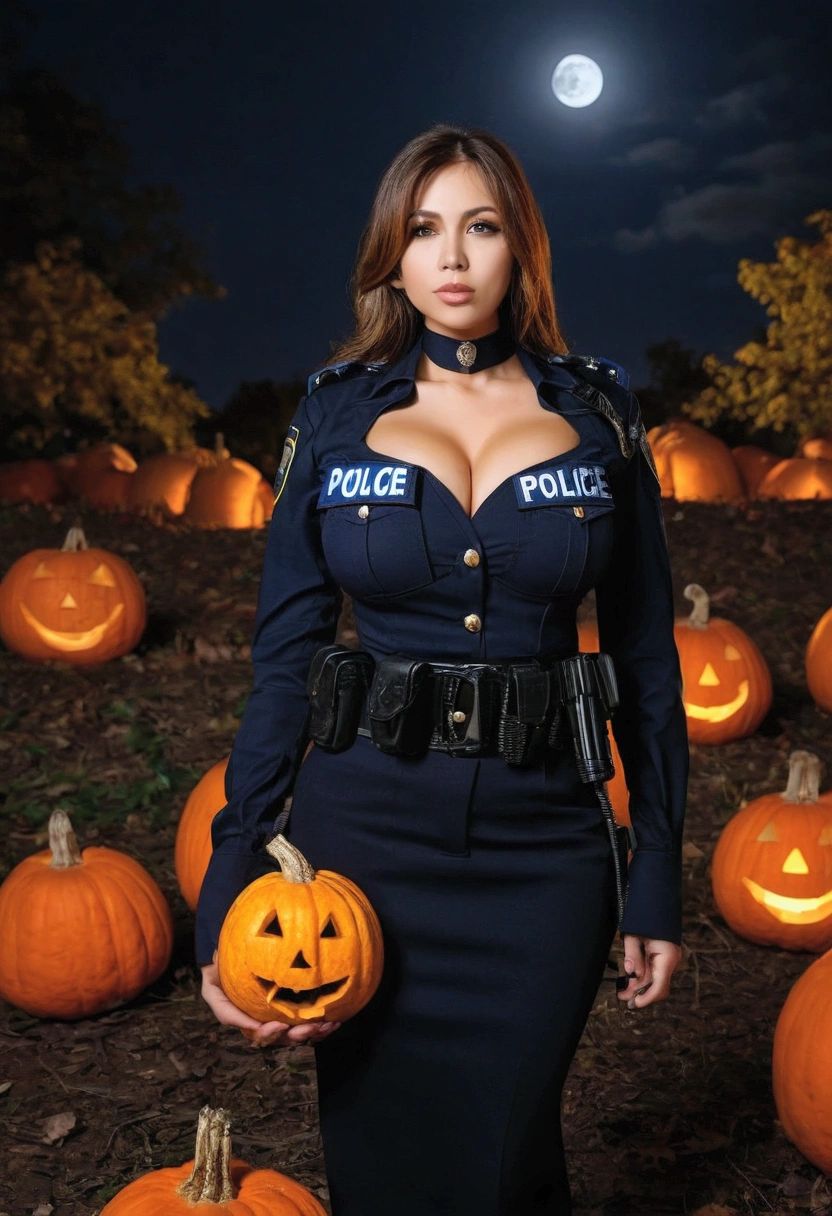 busty woman, her chest covered by pumpkins, wearing miniskirt police costume, night park, moon night