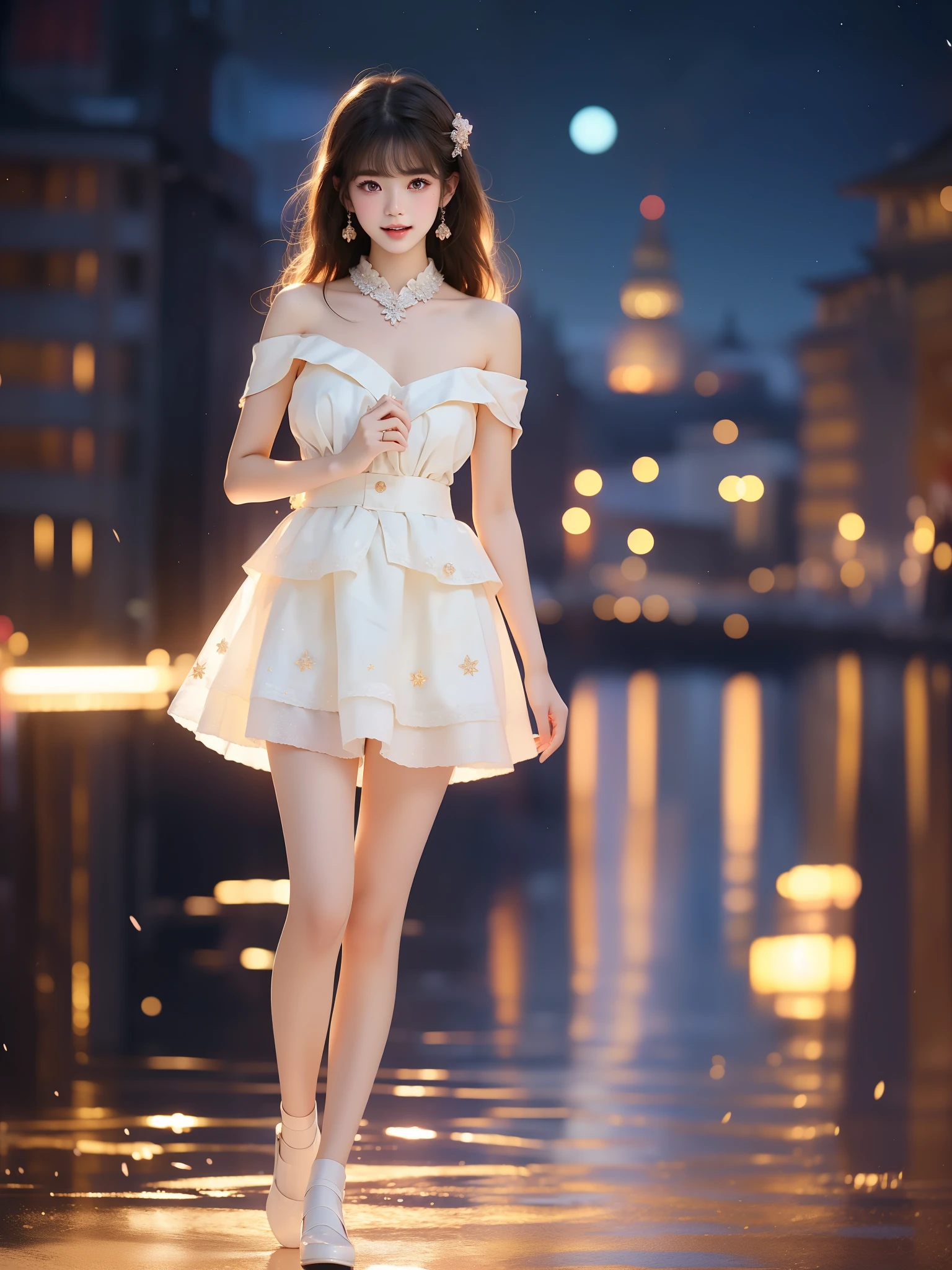 nogizaka_costume, ((full body)), (Asian beauty: 1.3), girl, solo, ((Bare shoulder)), (toned body: 1.2), (naturally large breasts: 1.1), (visible cleavage: 0.8), (smooth flawless skin: 1.2), (perfect anatomical proportions: 1.3), (anatomically correct legs: 1.3), (elegantly long legs: 1.3), 1.1) Hands gently lift the skirt, (detailed features: 1.2), (big bright eyes: 1.1), (long eyelashes: 1.1), charming smile, gentle and confident expression, Head slightly tilted, long flowing hair, (night scene: 1.1), (starry sky: 1.0), (space background: 0.9), (professional soft light: 1.2), (warm tone: 1.1), (Masterpiece: 1.4), (Super Detail: 1.3), (Sharp focus: 1.2), (Realistic: 1.2), (Hi-Fi: 1.1)