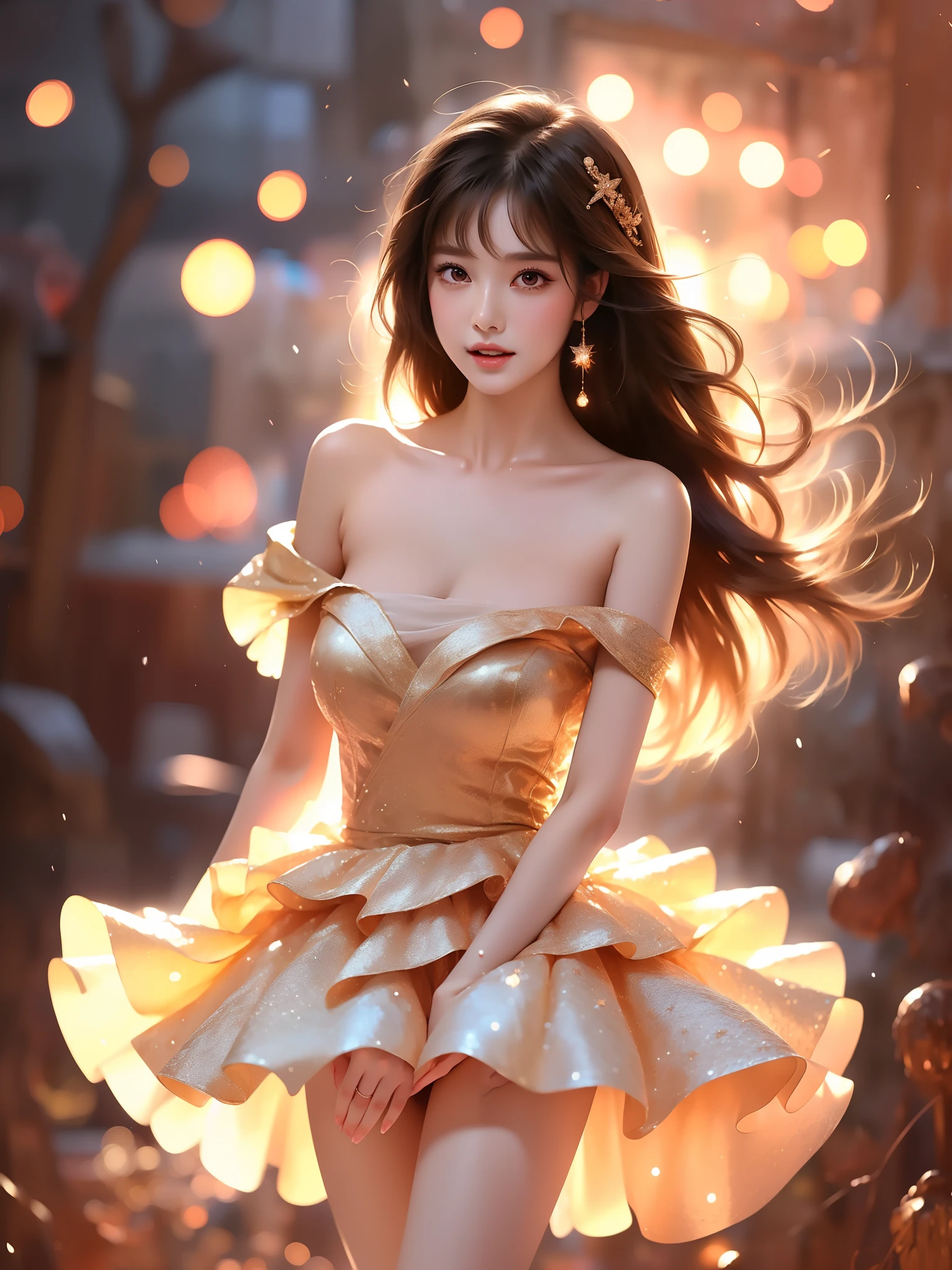  ((full body)), (Asian beauty: 1.3), girl, solo, ((Bare shoulder)), (toned body: 1.2), (naturally large breasts: 1.1), (visible cleavage: 0.8), (smooth flawless skin: 1.2), (perfect anatomical proportions: 1.3), (anatomically correct legs: 1.3), (elegantly long legs: 1.3), 1.1) Hands gently lift the skirt, (detailed features: 1.2), (big bright eyes: 1.1), (long eyelashes: 1.1), charming smile, gentle and confident expression, Head slightly tilted, long flowing hair, (night scene: 1.1), (starry sky: 1.0), (space background: 0.9), (professional soft light: 1.2), (warm tone: 1.1), (Masterpiece: 1.4), (Super Detail: 1.3), (Sharp focus: 1.2), (Realistic: 1.2), (Hi-Fi: 1.1)