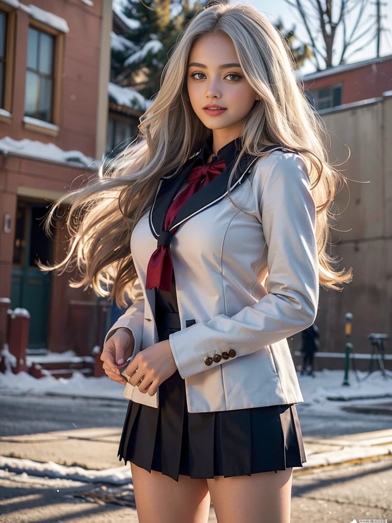 ( A picture of a super beautiful white-haired Russian schoolgirl duo standing:1.2)(The sexiest woman in the Arab world)(Smiling:1.2)(16k, RAW Photos, Best Quality, masterpiece: 1.2),( glossy wavy long hair greatly tousled by the wind :1.1) Super detailed,  super resolution, (Genuine, Genuine photos: 1.37), Portraiture,  high resolution RAW color photo , Professional photos,  very detailed, 8k wallpaper,  very detailed CG Unity 8k wallpaper,  very detailed beautiful girl,  very detailed faces,( Tel Aviv in the blizzard :1.2)(Tight school uniform:1.2)(whole body)(Skinny but big boobs:1.1)(かわいいタイトな半袖School uniform style outfit:1.2)School uniform style outfit,light gray eyes,from side,Winter student coat 