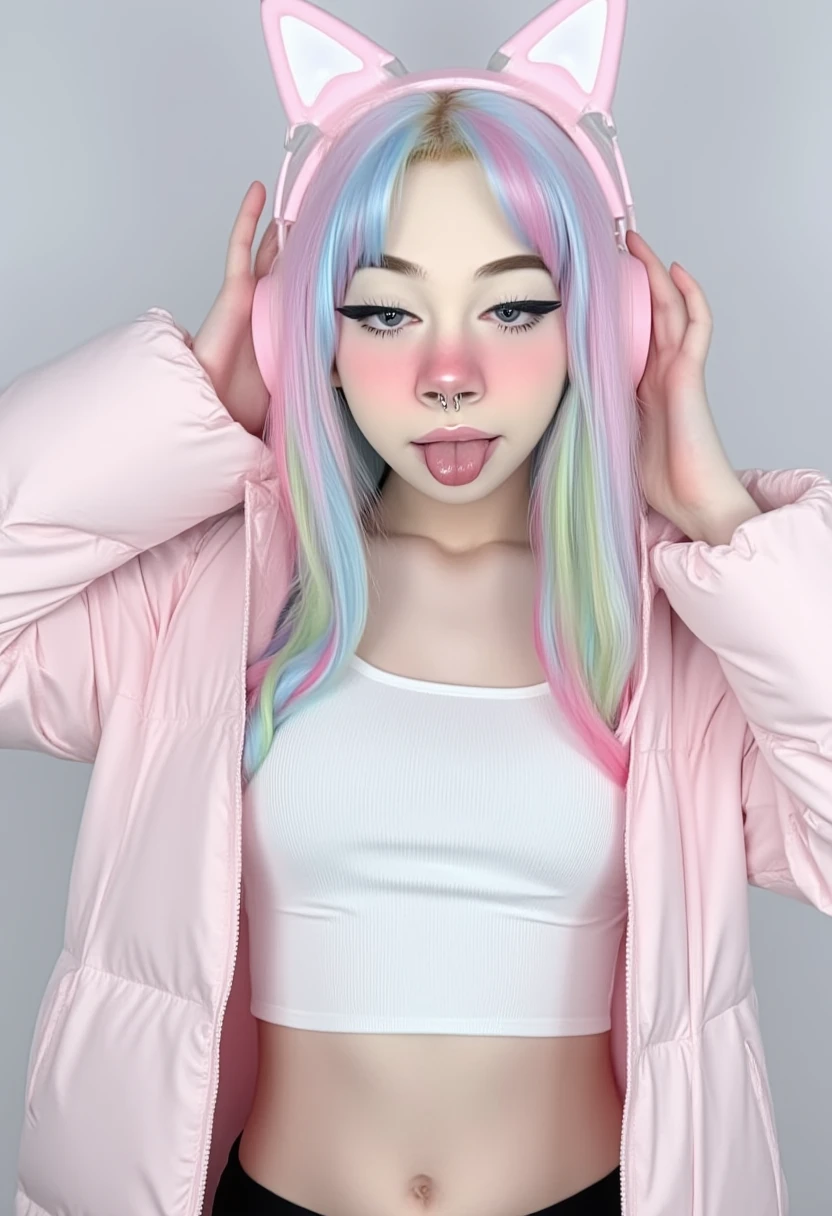 a egirl pastel multi color hair woman wearing a coat posing sticking her tounge out photo This is a high-resolution digital image featuring a young woman with a light skin tone and long, wavy hair in pastel colors of blue, pink, and green. She is wearing a white ribbed crop top that reveals her midriff and a light pink puffer jacket that is unzipped, showing a glimpse of black pants underneath. The woman has a playful expression, sticking her tongue out and holding a pair of pink and white headphones with cat ears on top of her head. Her makeup is light, with a focus on her eyes, which are accentuated with eyeliner and mascara. The background is a plain, light gray color, ensuring that the focus remains on the subject. The image has a playful and whimsical aesthetic, blending elements of kawaii and anime culture. The overall style is vibrant and colorful, with a focus on pastel tones and a soft, dreamy quality. 