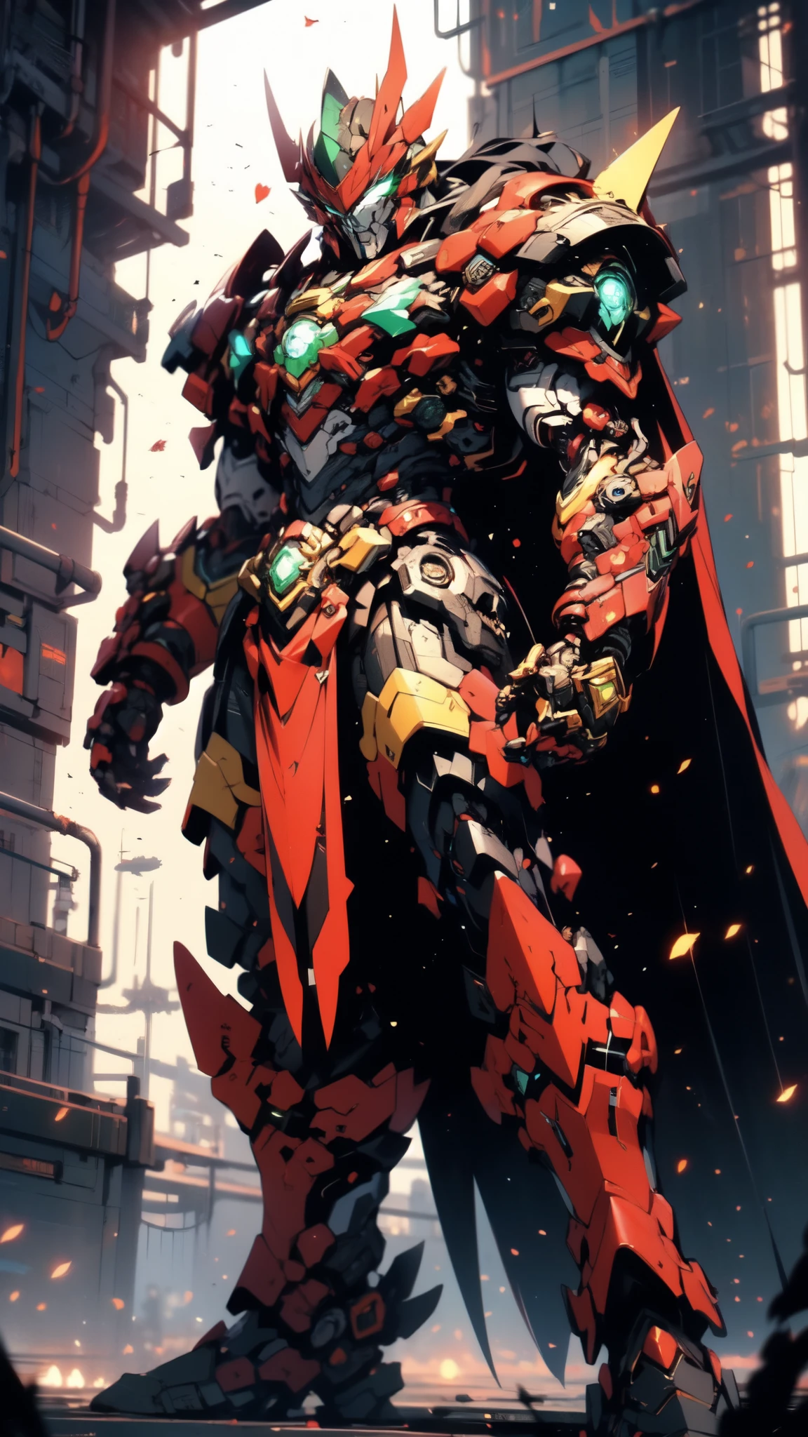 (masterpiece:1.5, best quality:1.5, extremely delicate:1.5, dynamic angle:1.5), ((male:1.5)), Biomimetic humanoid Mecha, green eyes, fully enclosed shoulder guards, matching arm and leg guards, gemstone, full body, full armor, the design balances heavy with agility, organic biotech armor, (the color scheme is primarily Golden and Black with Red and Green accents, concept Inspired by Vampire, glowing eyes, the armor glows), standing, floating high above the futuristic sci-fi city, a finely crafted Super robot in anime style, exquisite and mature art style, metallic, dramatic, high definition, highres, ultra-detailed, ultra-fine painting, professional, anatomically correct, symmetrical face, extremely detailed eyes and face, high quality eyes, creativity, RAW photo, UHD, 32k, Natural light, cinematic lighting, (masterpiece-anatomy-perfect:1.2)