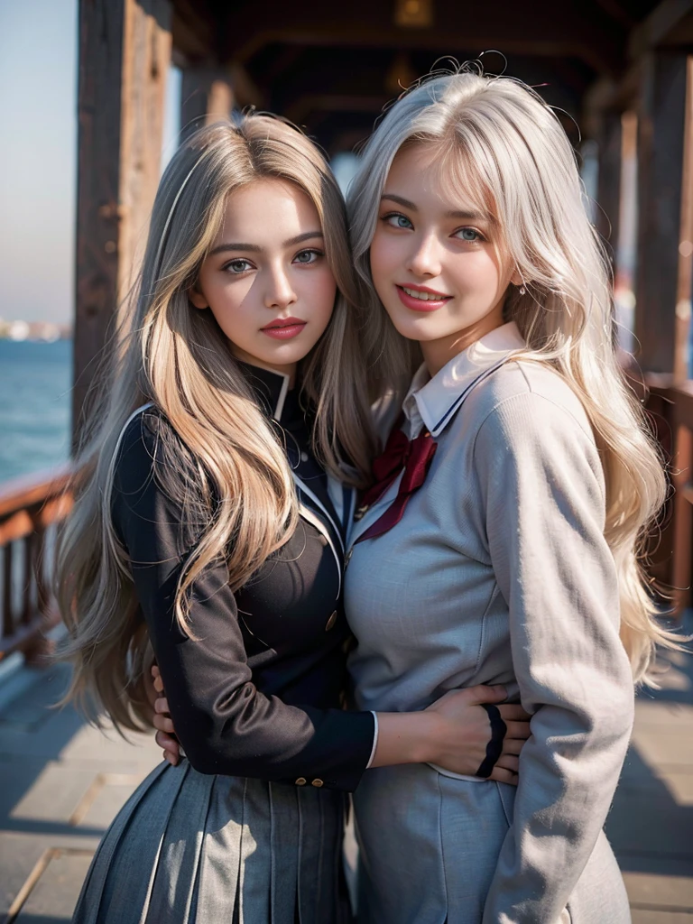 ( A picture of a super beautiful white haired Russian female student duo standing:1.2)(The sexiest woman in the Arab world)(Smiling:1.2)(16k, RAW Photos, Best Quality, masterpiece: 1.2),( glossy wavy long hair greatly tousled by the wind :1.1) Super detailed,  super resolution, (Genuine, Genuine photos: 1.37), Portraiture,  high resolution RAW color photo , Professional photos,  very detailed, 8k wallpaper,  very detailed CG Unity 8k wallpaper,  very detailed beautiful girl,  very detailed faces,(A spectacular spot where you can see the winter starry sky :1.2)(Tight school uniform:1.2)(whole body)(Skinny but big boobs:1.1)(かわいいタイトな半袖School uniform style outfit:1.2)School uniform style outfit,light gray eyes,from side,Winter student coat 