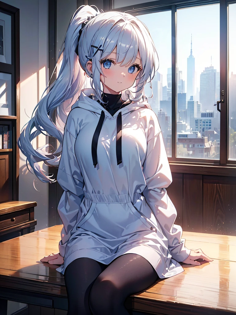  one girl , Curly Ponytail, smile,  blue eyes , Wear a white hoodie, (living）, (（morning）), masterpiece, 8k,  perfect lighting, The perfect outfit,  perfect anatomy, Sharp resolution,  Shallow Depth of Field ,  Soft Shadow , Casual and relaxed atmosphere, Natural light pours in, Hair clip, Beautiful breasts、Black tights、20 years old