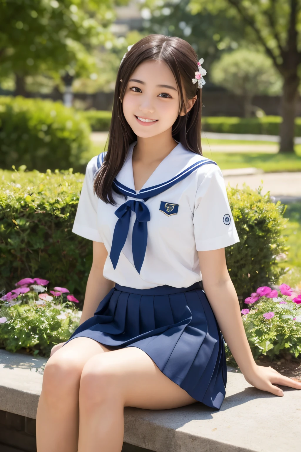 Close up of woman posing for photo,  japanese model model, **-****-*** female model,  4K、bangss、A dark-haired、bobhair、Middle hair、Straight hair、(white  shirt, Sailor School Uniform, Dark blue pleated skirt:1.2),　(Super cute face in idol style:1.2)、school classrooms、slim and beautiful figure、beutiful breast、A smile、full bodyesbian、The background is an empty park、Beautiful legs、sexy  pose、white sock、White sneakers、