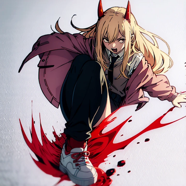  1 GIRL WITH HIM, solo, Long Hair, Blonde、Red devil's horn on the top of the head、 opens her mouth, tooth,  bitten expression、 wear red with a cardigan ,  and a white collared blouse、 style with a black tie 、black pants below the knee 、 white sneakers、Best Quality,  simple background,  Japanese illustration style,  upper body