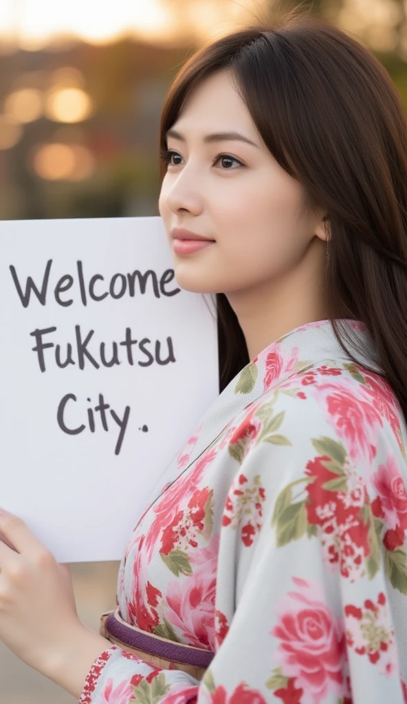 cowboy shot,  side face, 1 woman, beautiful young Japanese  actress,  30-age, (black hair ,long straight hair, beautiful brown eye, smile), (C cup breasts, wide hip), ( Japanese traditional Kimono, kimono's below  flower pattern , White obi with flower pattern, obi string ) ,  White board hold both hands, writing word "Welcome Fukutsu City" front Shinto shrine, The Road of Light , sunset , (super detail, high details, high quality, accurate, anatomically correct, textured skin, beautiful fingers super detail, high details, high quality, best quality)