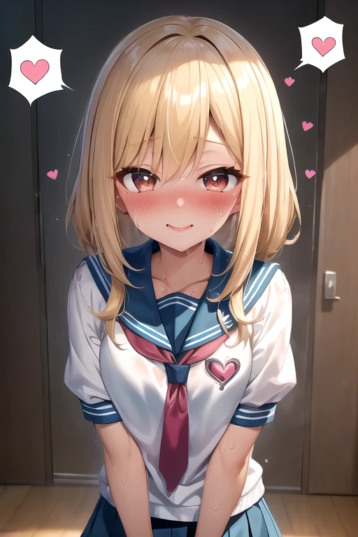 16k, high res, best quality, masterpiece, shiny skin, shiny hair,  anime, kawaii, 18, young girl, blush, heart in eyes, sweaty, trembling, <3, spoken heart, 
