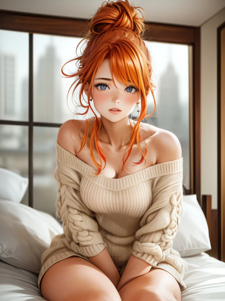 a gorgeous slender woman with wavy and messy red and yellow hair with most of her hair pulled up into a single messy bun, off-shoulder soft knit sweater dress, nothing underneath, laying in bed, extremely short haircut, legs spread wide open, aroused, erotic, embarrassed, horny, (best quality,4k,8k,highres,masterpiece:1.2),ultra-detailed,(realistic,photorealistic,photo-realistic:1.37),HDR,UHD,studio lighting,ultra-fine painting,sharp focus,physically-based rendering,extreme detail description,professional,vivid colors,bokeh,portrait