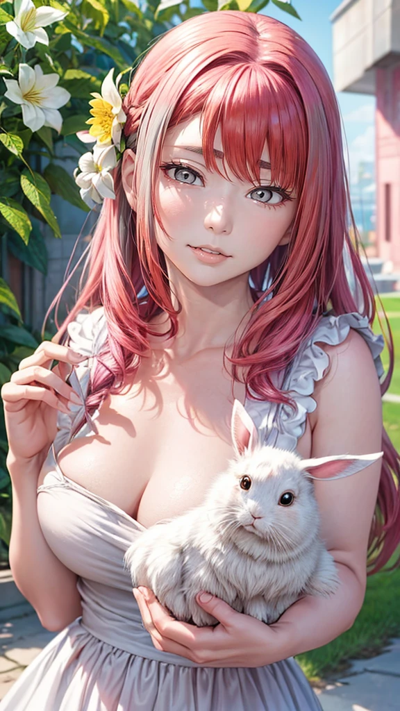 detail, Realism, 4K, , 脸部detail, Big yellow eyes,  full lips ,   nose up  , Gray hair，With pink hair,  in a white dress , Holding a rabbit in hand,  background is a flower , White butterfly in the foreground, Realistic shooting,  Depth of Field, Soft front light, glow, HDR ( soft colors : 1.2), Canon RF 100mm f2. 8L Macro IS USM 