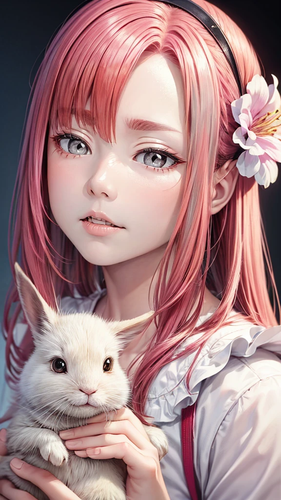 detail, Realism, 4K, , 脸部detail, Big yellow eyes,  full lips ,   nose up  , Gray hair，With pink hair,  in a white dress , Holding a rabbit in hand,  background is a flower , White butterfly in the foreground, Realistic shooting,  Depth of Field, Soft front light, glow, HDR ( soft colors : 1.2), Canon RF 100mm f2. 8L Macro IS USM 