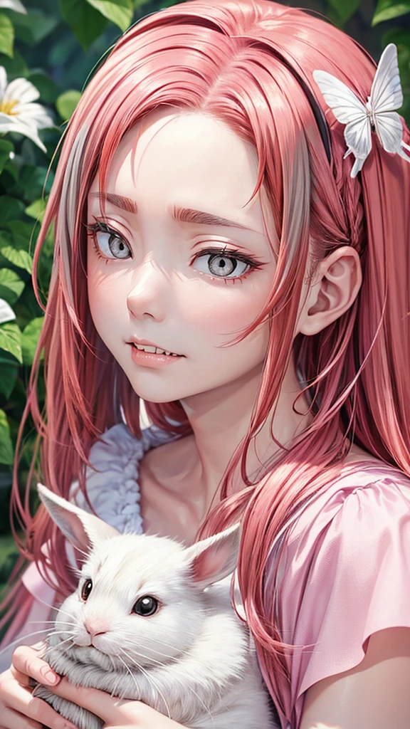 detail, Realism, 4K, , 脸部detail, Big yellow eyes,  full lips ,   nose up  , Gray hair，With pink hair,  in a white dress , Holding a rabbit in hand,  background is a flower , White butterfly in the foreground, Realistic shooting,  Depth of Field, Soft front light, glow, HDR ( soft colors : 1.2), Canon RF 100mm f2. 8L Macro IS USM 