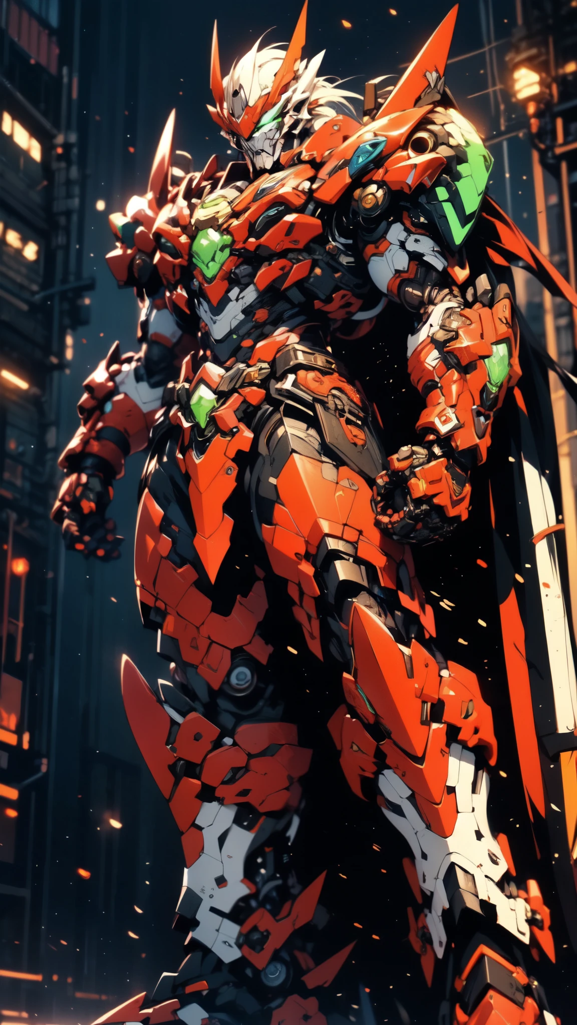 (masterpiece:1.5, best quality:1.5, extremely delicate:1.5, dynamic angle:1.5), ((male:1.5)), Biomimetic humanoid Mecha, green eyes, fully enclosed shoulder guards, matching arm and leg guards, gemstone, full body, full armor, the design balances heavy with agility, organic biotech armor, (the color scheme is primarily Golden and Black with Red and Green accents, concept Inspired by Vampire, glowing eyes, the armor glows), standing, floating high above the futuristic sci-fi city, a finely crafted Super robot in anime style, exquisite and mature art style, metallic, dramatic, high definition, highres, ultra-detailed, ultra-fine painting, professional, anatomically correct, symmetrical face, extremely detailed eyes and face, high quality eyes, creativity, RAW photo, UHD, 32k, Natural light, cinematic lighting, (masterpiece-anatomy-perfect:1.2)