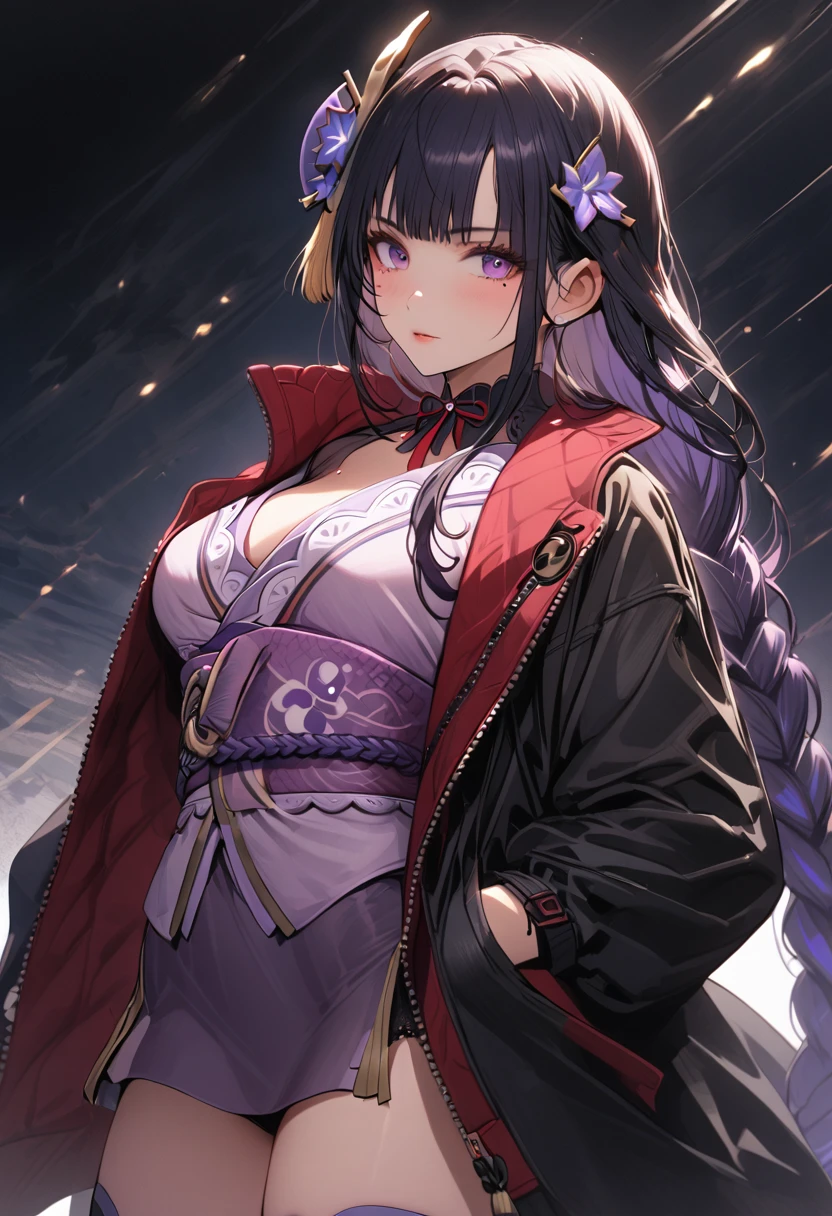 a woman wearing a french coat, shirt and tie, short skirt, black stockings, and boots, hands in pockets, beautiful detailed eyes, beautiful detailed lips, extremely detailed eyes and face, long eyelashes, 8k, high quality, cinematic lighting, elegant, fashionable, moody atmosphere, dramatic lighting, elegant pose, raiden shogun, braid, braided ponytail, hair flower, hair ornament, long hair, mole, mole under eye, purple eyes, purple flower, purple hair, single braid, sidelocks, mature female, whole body, 