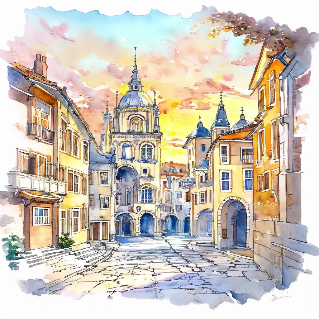 Create a stunning watercolor painting of a picturesque city bathed in the warm glow of sunset. The scene captures a vibrant urban landscape with narrow cobblestone streets, charming old buildings, and cozy cafes with colorful awnings. The sun is low on the horizon, casting a golden hue over the rooftops and windows, creating long, gentle shadows that stretch across the street. The sky transitions from a soft orange and pink at the horizon to deeper purples and blues as it rises, dotted with a few glowing stars starting to appear. Reflections of the sunset dance on the calm waters of a nearby river, with a quaint stone bridge arching gracefully over it. Emphasize the fluidity of the colors, blending seamlessly to capture the delicate play of light and shadow. Use gentle, flowing brushstrokes to depict the intricate details of the architecture, while maintaining the soft, diffused look characteristic of watercolor. The overall mood should be warm, nostalgic, and serene, evoking the peaceful end of a beautiful day in the city."