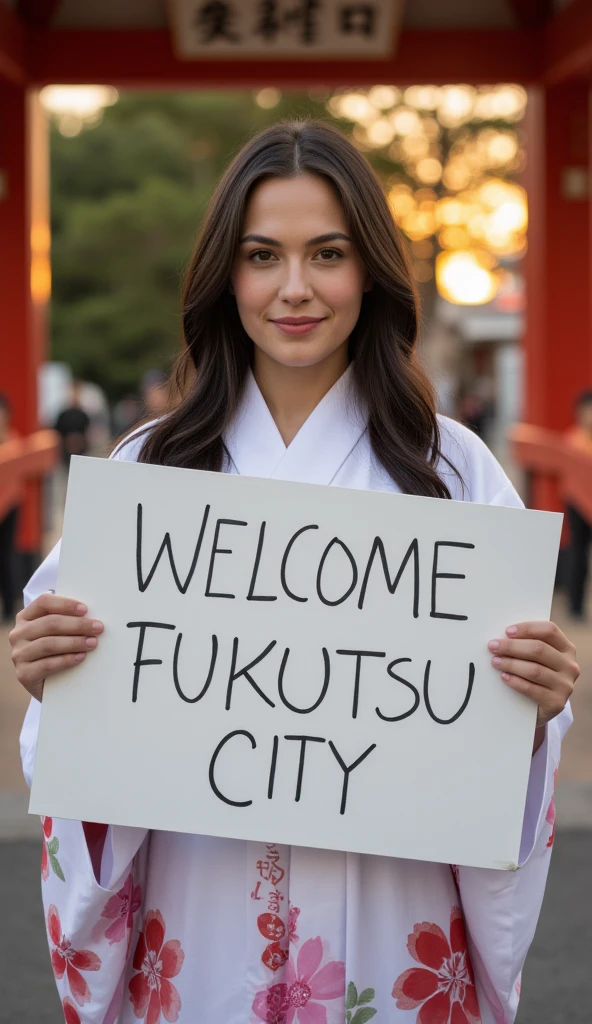 cowboy shot,  front view 1 woman, beautiful  American actress,  name is Gal Gadot, 30-age, (black hair ,middle hair, beautiful brown eye, smile), (C cup breasts, wide hip), ( Japanese traditional Kimono, kimono's below  flower pattern , White obi with flower pattern, obi string ) ,  White board hold both hands, writing word "Welcome Fukutsu City" front Shinto shrine, The Road of Light , sunset , (super detail, high details, high quality, accurate, anatomically correct, textured skin, beautiful fingers super detail, high details, high quality, best quality)