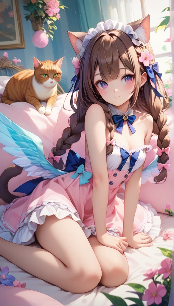 1 Girl, naked, Animal ears,  Purple Eyes ,  brown hair ,  Wings ,  unique, Long hair, blush, cat耳朵, Flowers,  Viewers , braid, bow, dress, pink Flowers, bow, Hair accessories, Bangs, cat, Flower head, Animal ear hair, Keep,  virtual YouTuber , [ blue bow , Keep animal, cat女, Stuffed Toys