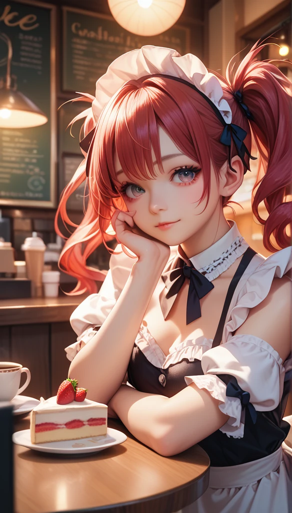 Promotional photos, This place is a coffee shop,  1 girl at home, face, The waitress brought the cake to the table, Red hair double ponytail, Gentle face, Strawberry pattern gothic half-length maid costume, White-based clothes,