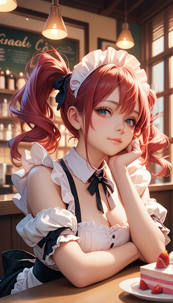 Promotional photos, This place is a coffee shop,  1 girl at home, face, The waitress brought the cake to the table, Red hair double ponytail, Gentle face, Strawberry pattern gothic half-length maid costume, White-based clothes,