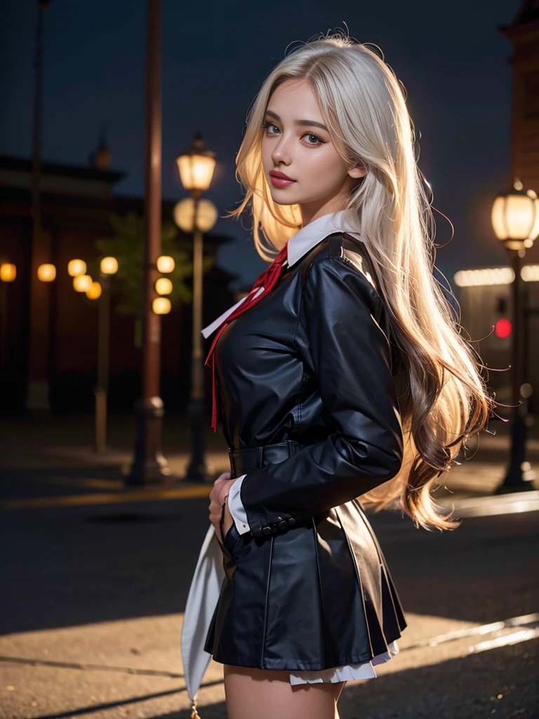 ( A picture of a super beautiful white-haired Russian girl duo standing:1.2)(The sexiest woman in the Arab world)(Smiling:1.2)(16k, RAW Photos, Best Quality, masterpiece: 1.2),( glossy wavy long hair greatly tousled by the wind :1.1) Super detailed,  super resolution, (Genuine, Genuine photos: 1.37), Portraiture,  high resolution RAW color photo , Professional photos,  very detailed, 8k wallpaper,  very detailed CG Unity 8k wallpaper,  very detailed beautiful girl,  very detailed faces,(A spectacular late-night spot where you can see planets and stars:1.2)(Tight school uniform:1.2)(whole body)(Skinny but big boobs:1.1)(かわいいタイトな半袖School uniform style outfit:1.2)School uniform style outfit,light gray eyes,from side,Winter student coat (NSFW:1.3)