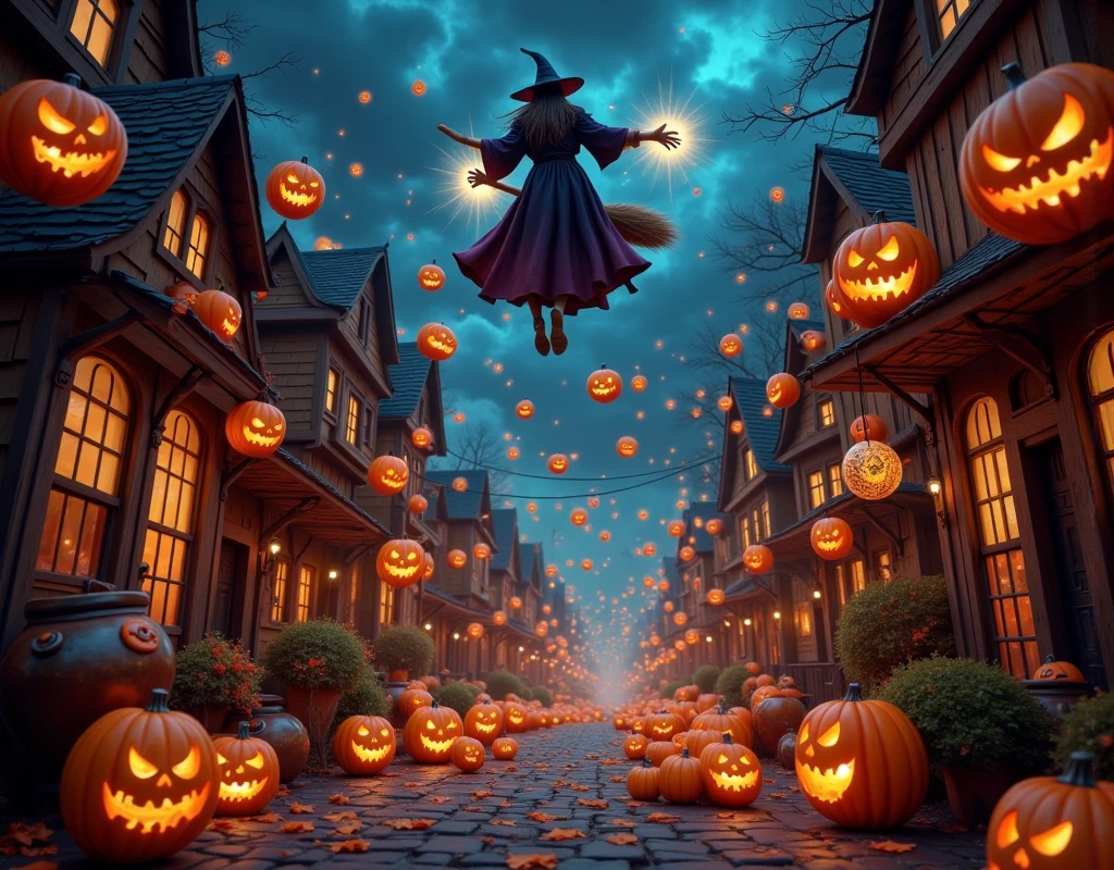 In a fantasy style, from a low-angle view, a witch on a broomstick flies over the street, casting spells that make the pumpkins come alive and dance. The houses are decorated with magical runes and potions bubble in cauldrons