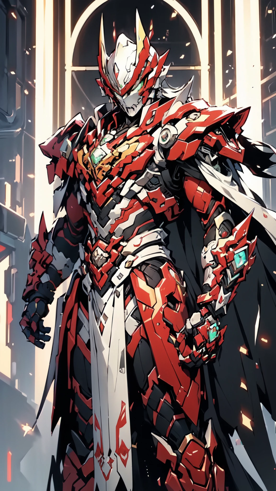 (masterpiece:1.5, best quality:1.5, extremely delicate:1.5, dynamic angle:1.5), ((male:1.5)), Biomimetic humanoid Mecha, green eyes, fully enclosed shoulder guards, matching arm and leg guards, gemstone, full body, full armor, the design balances heavy with agility, organic biotech armor, (the color scheme is primarily Golden and Black with Red and Green accents, concept Inspired by Vampire, glowing eyes, the armor glows), standing, floating high above the futuristic sci-fi city, a finely crafted Super robot in anime style, exquisite and mature art style, metallic, dramatic, high definition, highres, ultra-detailed, ultra-fine painting, professional, anatomically correct, symmetrical face, extremely detailed eyes and face, high quality eyes, creativity, RAW photo, UHD, 32k, Natural light, cinematic lighting, (masterpiece-anatomy-perfect:1.2)