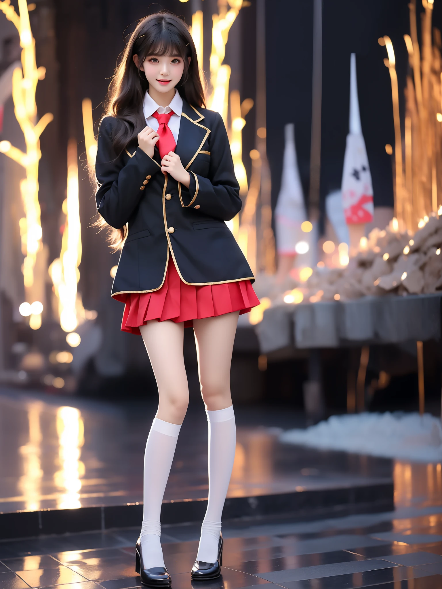 fumizuki academy school uniform
solo, cosplay, 1girl,
necktie, jacket, blazer,long sleeves, skirt,pleated skirt,thighhighs, ((full body)), (Asian beauty: 1.3), girl, solo, ((single bare shoulder)), (toned body: 1.2), (naturally large breasts: 1.1), (visible cleavage: 0.8), (smooth flawless skin: 1.2), (perfect anatomical proportions: 1.3), (anatomically correct legs: 1.3), (elegantly long legs: 1.3), 1.1) Hands gently lift the skirt, (detailed features: 1.2), (big bright eyes: 1.1), (long eyelashes: 1.1), charming smile, gentle and confident expression, Head slightly tilted, long flowing hair, (night scene: 1.1), (starry sky: 1.0), (space background: 0.9), (professional soft light: 1.2), (warm tone: 1.1), (Masterpiece: 1.4), (Super Detail: 1.3), (Sharp focus: 1.2), (Realistic: 1.2), (Hi-Fi: 1.1)