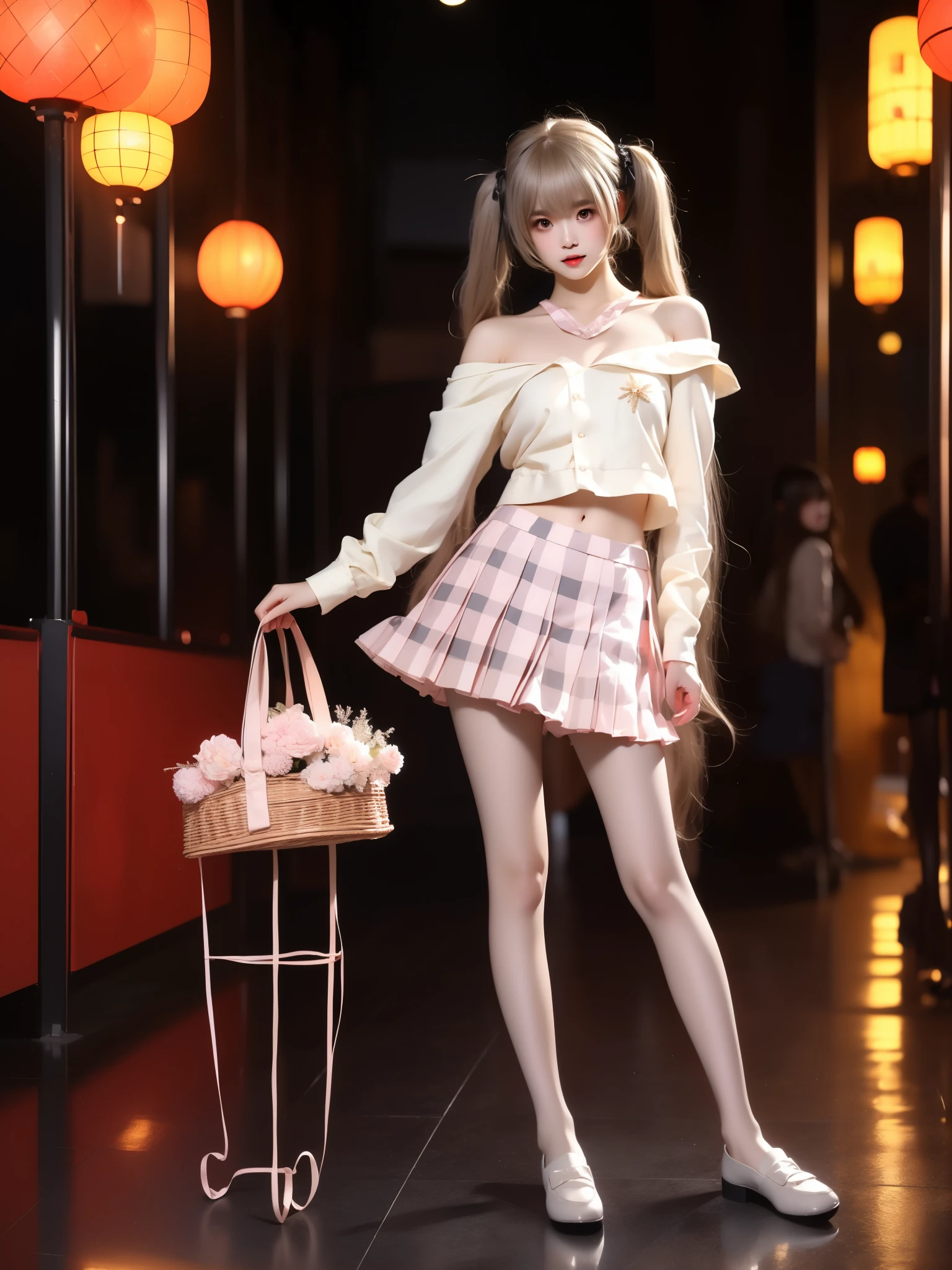 kasugano sora, 1girl, solo, cosplay,
hair ribbon, school uniform,serafuku,sailor collar, long sleeves,plaid skirt, pleated skirt, pantyhose,pink plaid,loafers,
grey hair, twintails, long hair,bangs, ahoge, ((full body)), (Asian beauty: 1.3), girl, solo, ((single bare shoulder)), (toned body: 1.2), (naturally large breasts: 1.1), (visible cleavage: 0.8), (smooth flawless skin: 1.2), (perfect anatomical proportions: 1.3), (anatomically correct legs: 1.3), (elegantly long legs: 1.3), 1.1) Hands gently lift the skirt, (detailed features: 1.2), (big bright eyes: 1.1), (long eyelashes: 1.1), charming smile, gentle and confident expression, Head slightly tilted, long flowing hair, (night scene: 1.1), (starry sky: 1.0), (space background: 0.9), (professional soft light: 1.2), (warm tone: 1.1), (Masterpiece: 1.4), (Super Detail: 1.3), (Sharp focus: 1.2), (Realistic: 1.2), (Hi-Fi: 1.1)