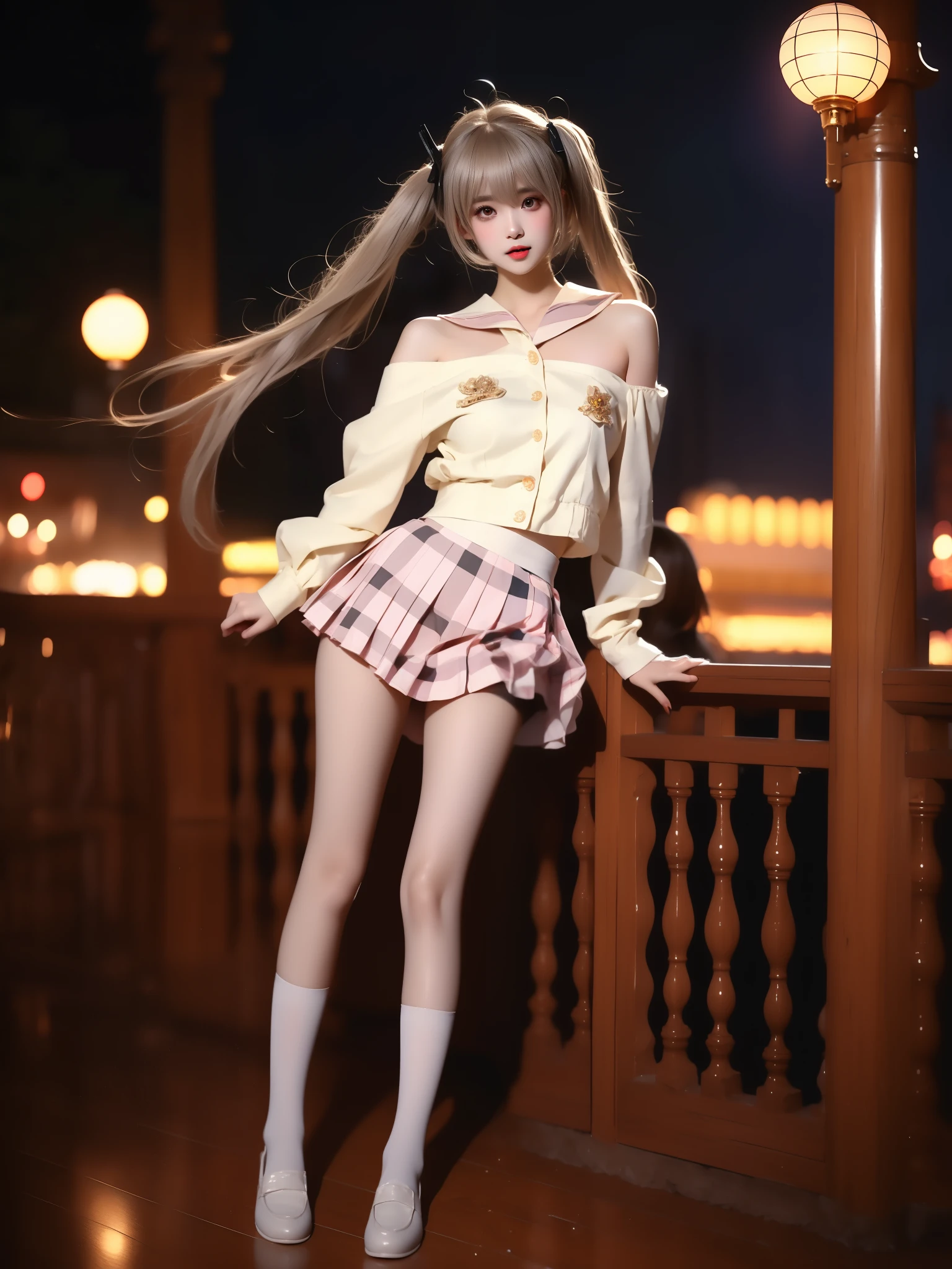 kasugano sora, 1girl, solo, cosplay,
hair ribbon, school uniform,serafuku,sailor collar, long sleeves,plaid skirt, pleated skirt, pantyhose,pink plaid,loafers,
grey hair, twintails, long hair,bangs, ahoge, ((full body)), (Asian beauty: 1.3), girl, solo, ((single bare shoulder)), (toned body: 1.2), (naturally large breasts: 1.1), (visible cleavage: 0.8), (smooth flawless skin: 1.2), (perfect anatomical proportions: 1.3), (anatomically correct legs: 1.3), (elegantly long legs: 1.3), 1.1) Hands gently lift the skirt, (detailed features: 1.2), (big bright eyes: 1.1), (long eyelashes: 1.1), charming smile, gentle and confident expression, Head slightly tilted, long flowing hair, (night scene: 1.1), (starry sky: 1.0), (space background: 0.9), (professional soft light: 1.2), (warm tone: 1.1), (Masterpiece: 1.4), (Super Detail: 1.3), (Sharp focus: 1.2), (Realistic: 1.2), (Hi-Fi: 1.1)