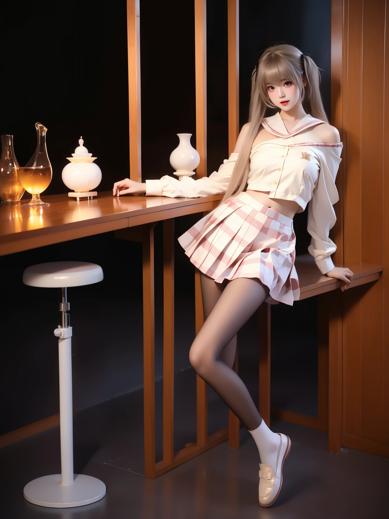 kasugano sora, 1girl, solo, cosplay,
hair ribbon, school uniform,serafuku,sailor collar, long sleeves,plaid skirt, pleated skirt, pantyhose,pink plaid,loafers,
grey hair, twintails, long hair,bangs, ahoge, ((full body)), (Asian beauty: 1.3), girl, solo, ((single bare shoulder)), (toned body: 1.2), (naturally large breasts: 1.1), (visible cleavage: 0.8), (smooth flawless skin: 1.2), (perfect anatomical proportions: 1.3), (anatomically correct legs: 1.3), (elegantly long legs: 1.3), 1.1) Hands gently lift the skirt, (detailed features: 1.2), (big bright eyes: 1.1), (long eyelashes: 1.1), charming smile, gentle and confident expression, Head slightly tilted, long flowing hair, (night scene: 1.1), (starry sky: 1.0), (space background: 0.9), (professional soft light: 1.2), (warm tone: 1.1), (Masterpiece: 1.4), (Super Detail: 1.3), (Sharp focus: 1.2), (Realistic: 1.2), (Hi-Fi: 1.1)